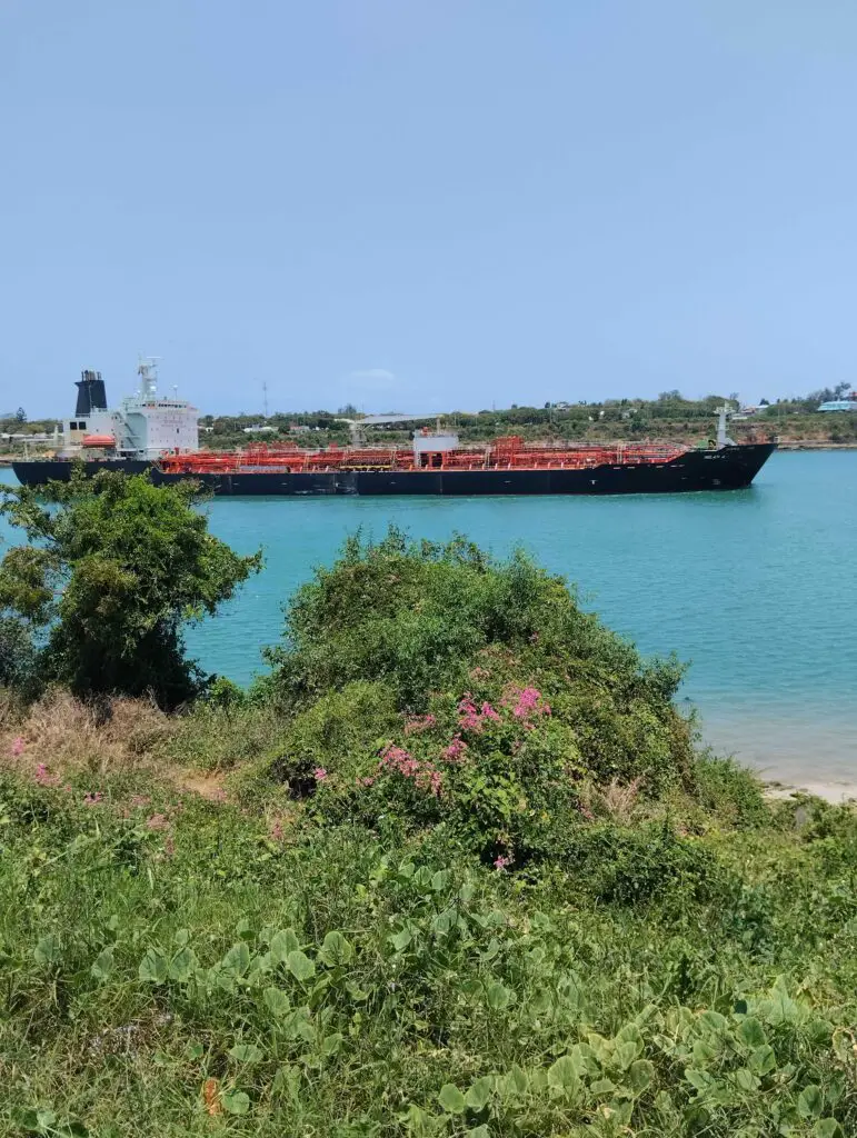 A ship heading to Mombasa port passing through Mama Ngina Waterfront 