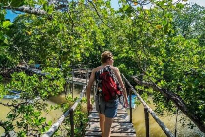 A man walking on a boardwalk in Watamu at Mida Creek