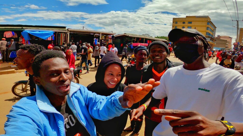 having fun at market with a girl and the locals