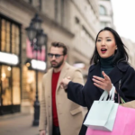 a woman holding hand her boyfriend while carrying shopping bags